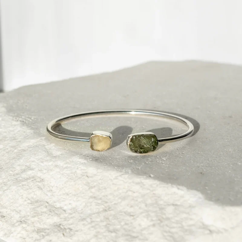 Moldavite & Libiyan Desert Glass Raw Bangle 925 Sterling Silver Bracelet