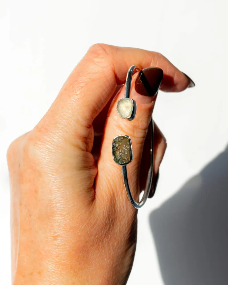 Moldavite & Libiyan Desert Glass Raw Bangle 925 Sterling Silver Bracelet - Image 2