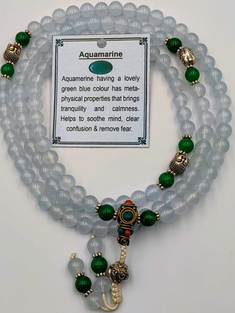 Designed aquamarine stone beads mala