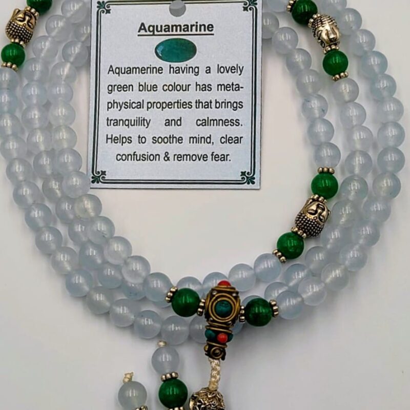 Designed aquamarine stone beads mala