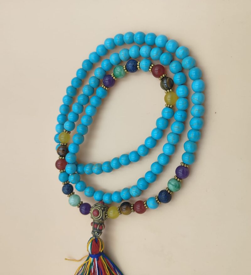 Turquoise stone mala with designed seven chakras