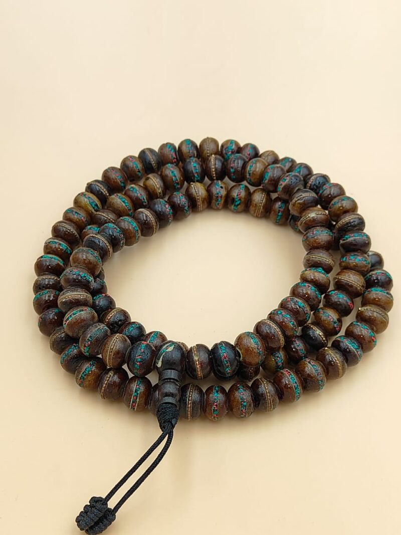 Carving yak bone male with turquoise,coral stone and putted copper metal with 108 beads