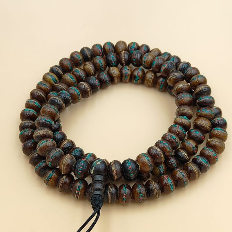 Carving yak bone male with turquoise,coral stone and putted copper metal with 108 beads